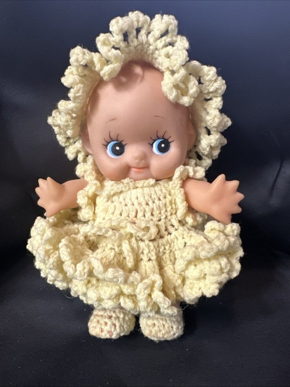 Vintage Kewpie Style Vinyl Baby Doll Crochet Yellow Romper Booties 8 Inch